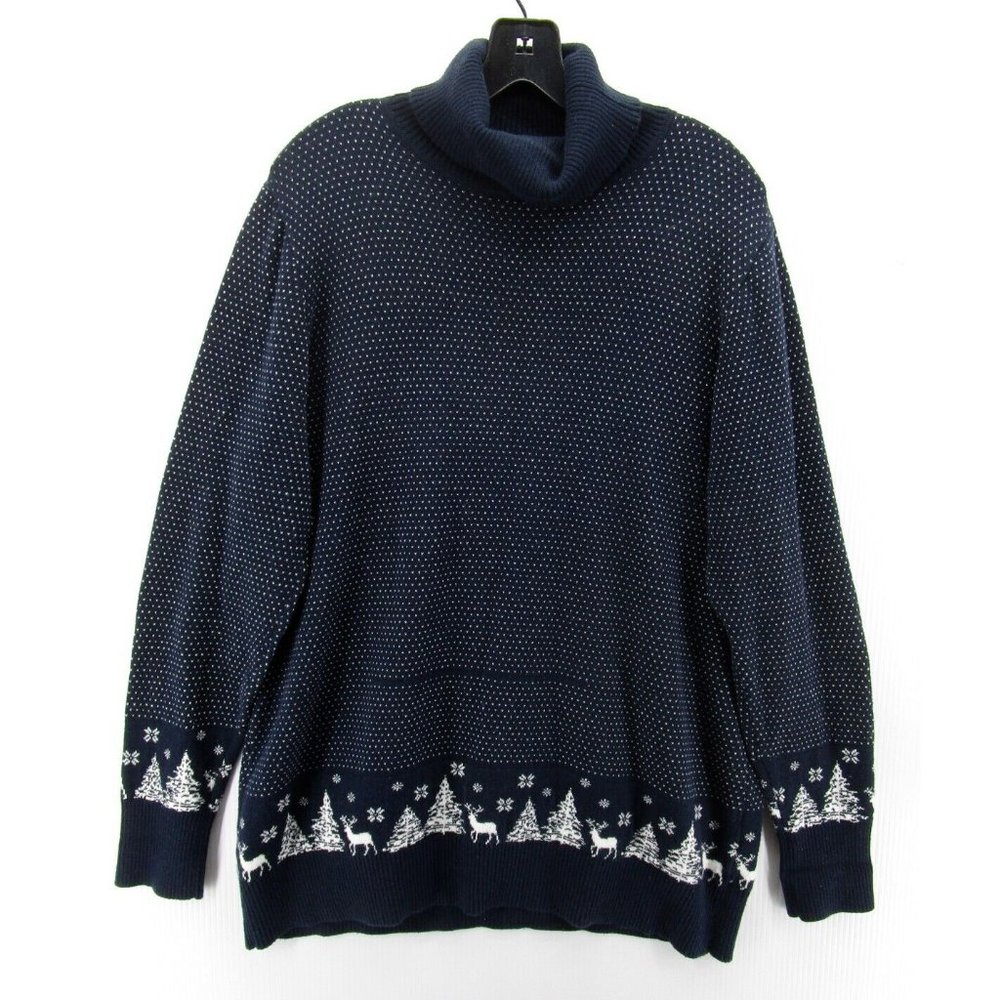 L.L. Bean Navy Cowl Neck Sweater with White Fair Isle Border